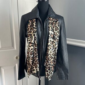 Wilsons Leather Black Jacket with Leopard Scarf